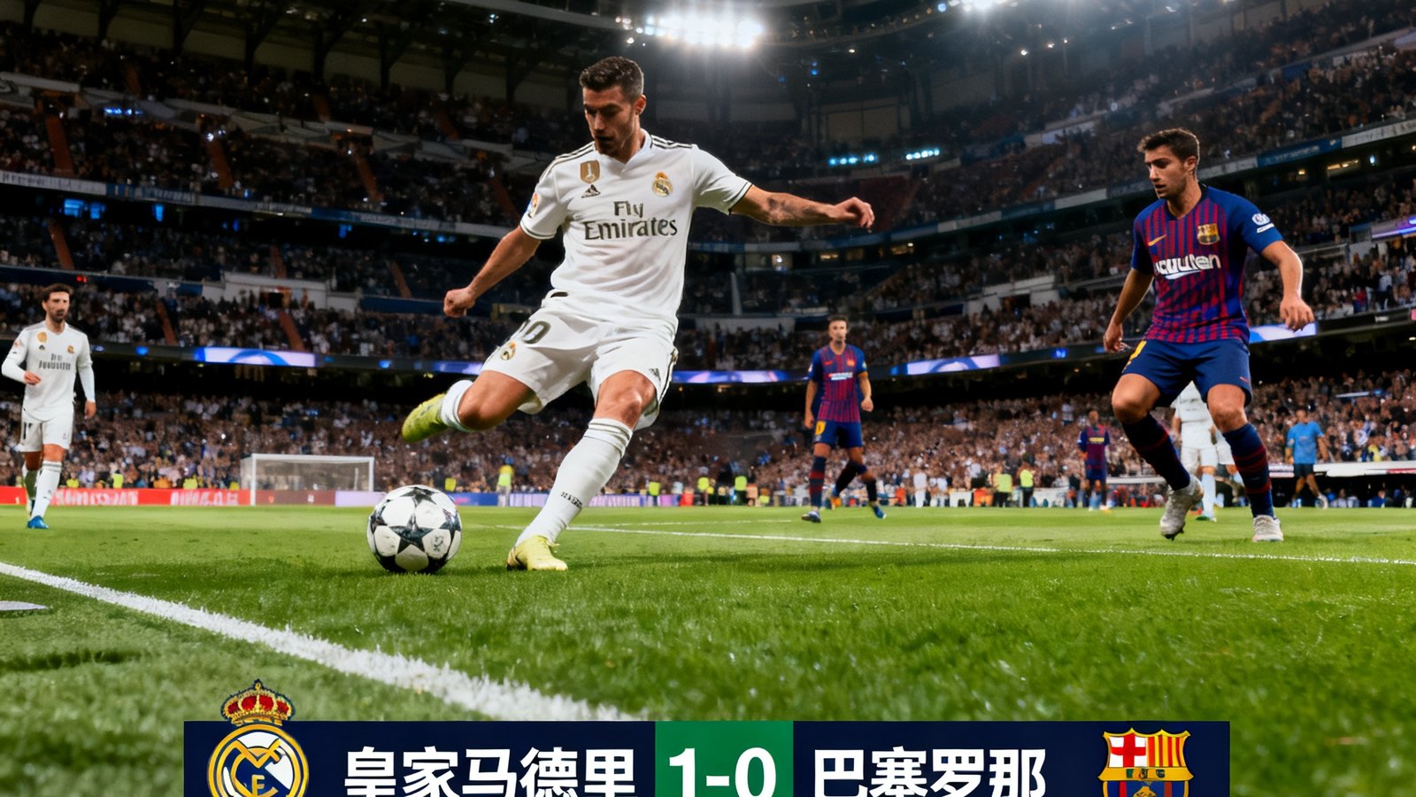 高清足球直播画面，显示皇家马德里对阵巴塞罗那，现场比分1-0，控球率数据